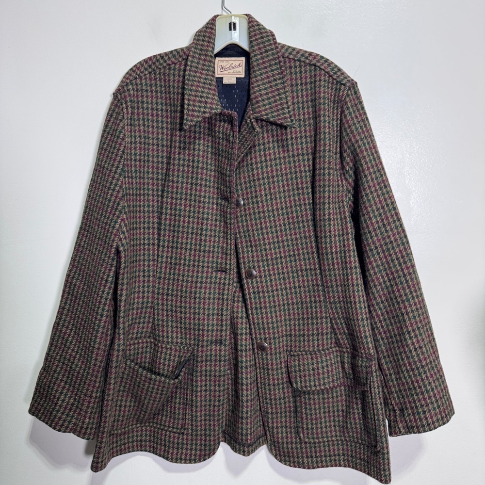 Woolrich Womens Large Houndstooth Wool Blend Blazer Jacket Green Burgundy Multi